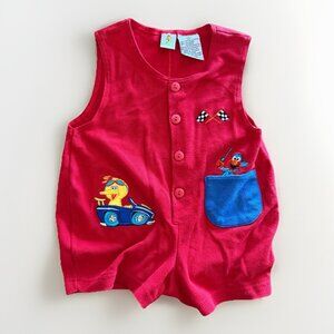 Sesame Street Red Romper Elmo's & Big Bird Racing Car Embroidery Baby 18Mo Y2K